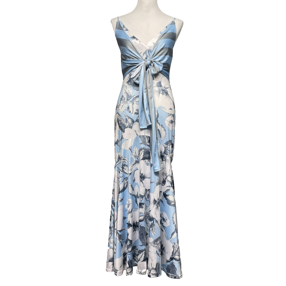 NWT CBR Chic Boutique Rose Blue Floral Maxi Dress Small Striped Bow Front Summer